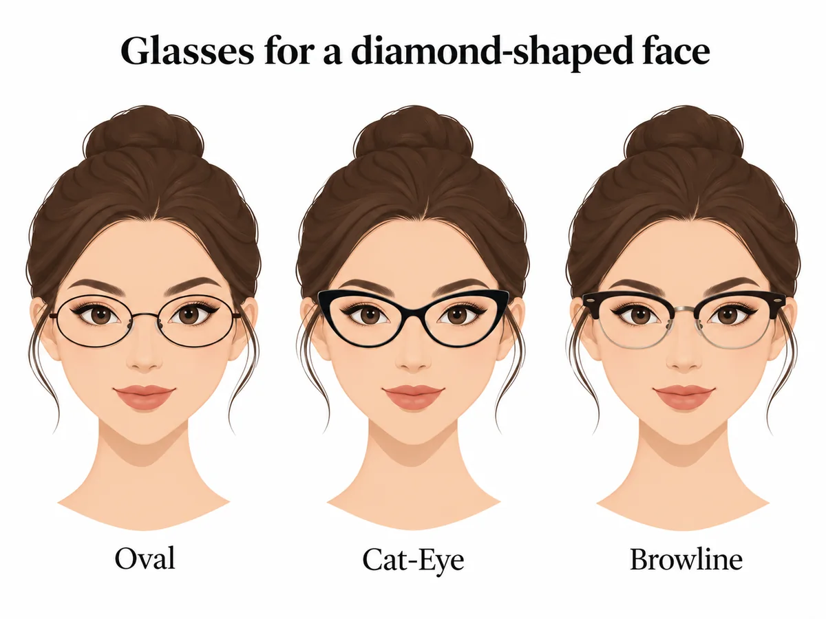 Illustrated diamond-shaped face comparing oval, cat-eye and browline glasses.