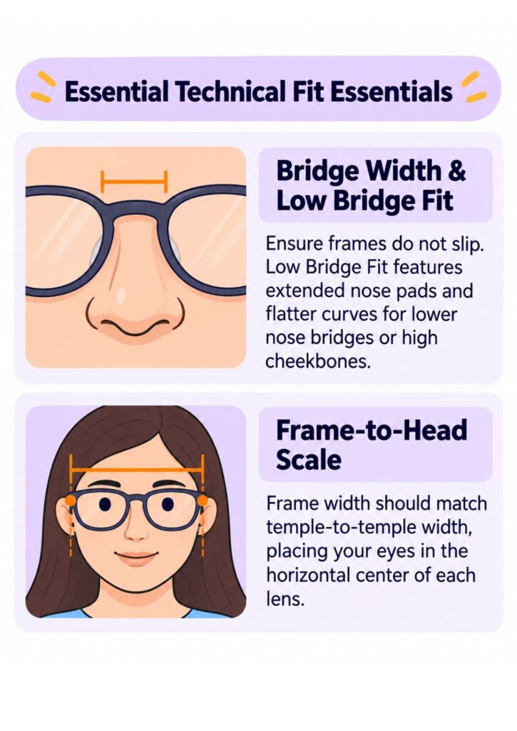 Illustration showing how glasses should fit, including bridge width, low bridge fit and frame width relative to the face.