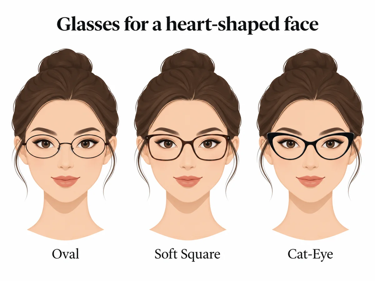 Illustrated heart-shaped face comparing oval, soft-square and cat-eye glasses.