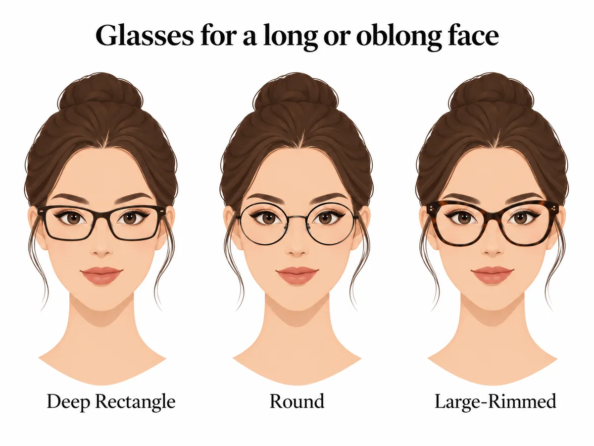 Illustrated long or oblong face comparing deep-rectangle, round and large-rimmed glasses.