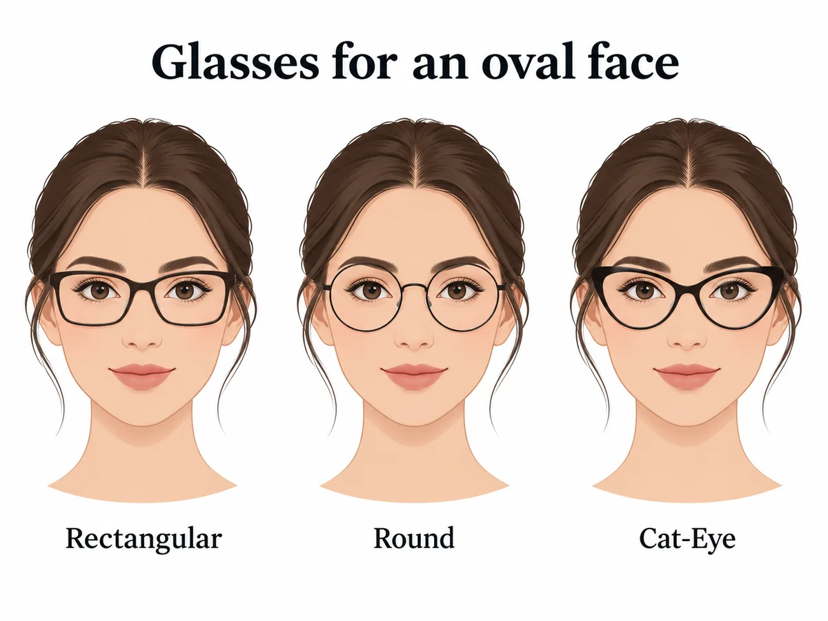 Illustrated oval face comparing rectangular, round and cat-eye glasses.