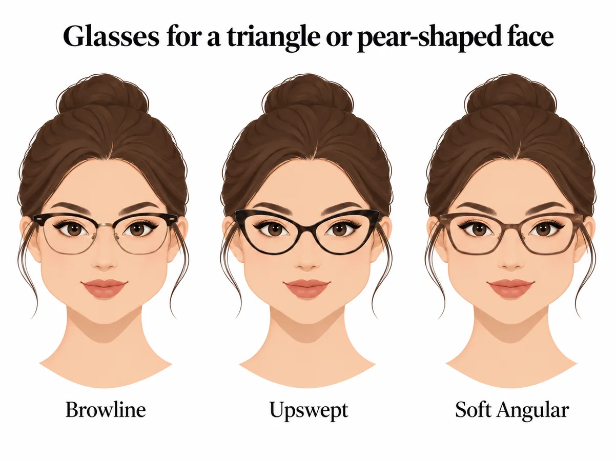 Illustrated triangle or pear-shaped face comparing browline, upswept and soft-angular glasses.