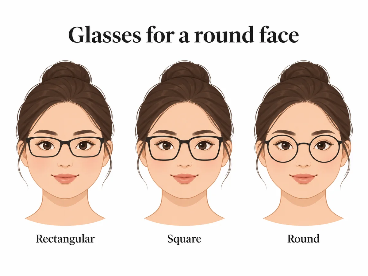 Illustrated round face comparing rectangular, square and round glasses.