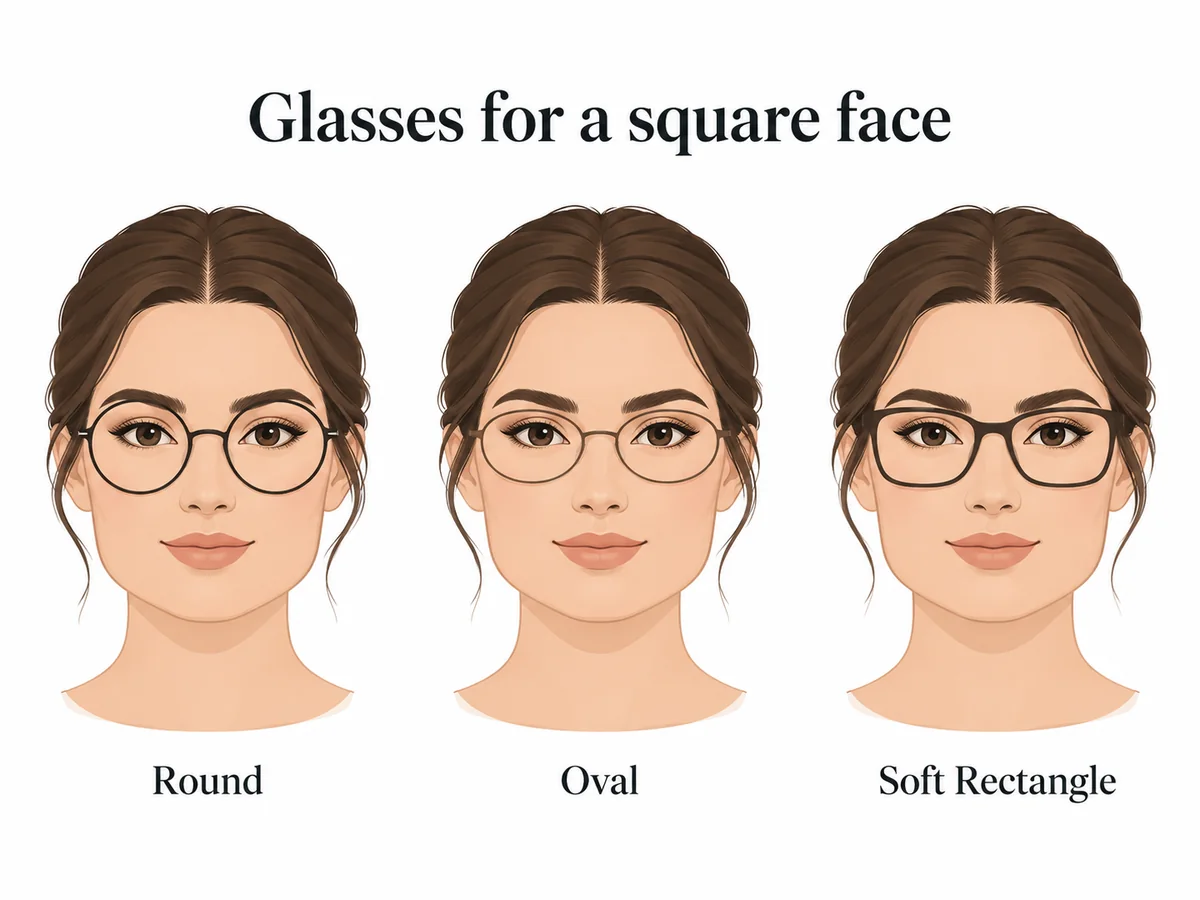 Illustrated square face comparing round, oval and soft-rectangle glasses.