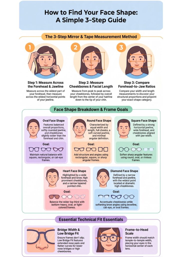 Infographic showing how to measure face shape in three steps, with oval, round, square, heart and diamond face shapes and suggested glasses frames.