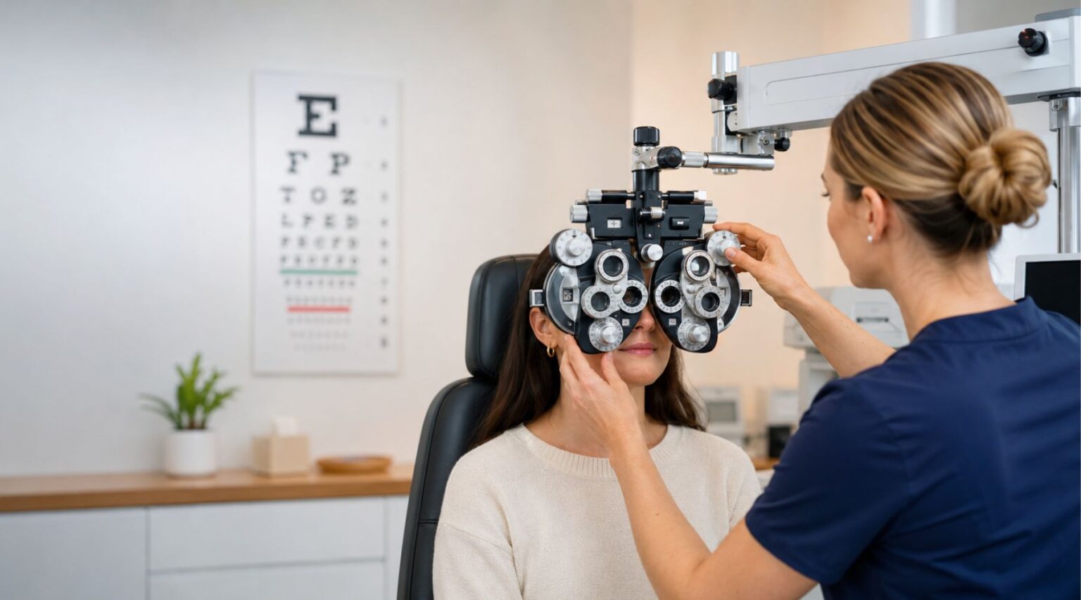 Optometrist using a phoropter to assess a patient’s vision during an eye test for astigmatism