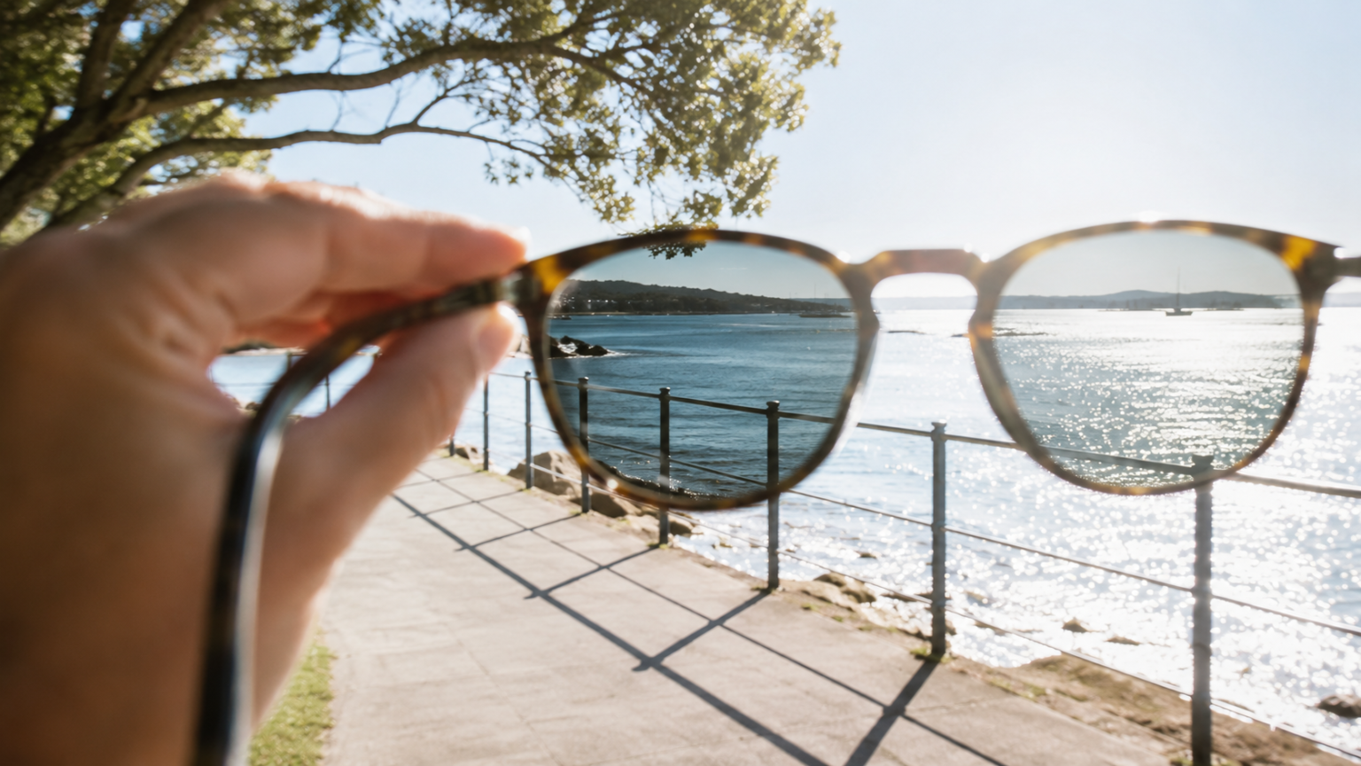Hand holding polarised sunglasses showing reduced glare and a clearer waterfront view in bright sunlight.