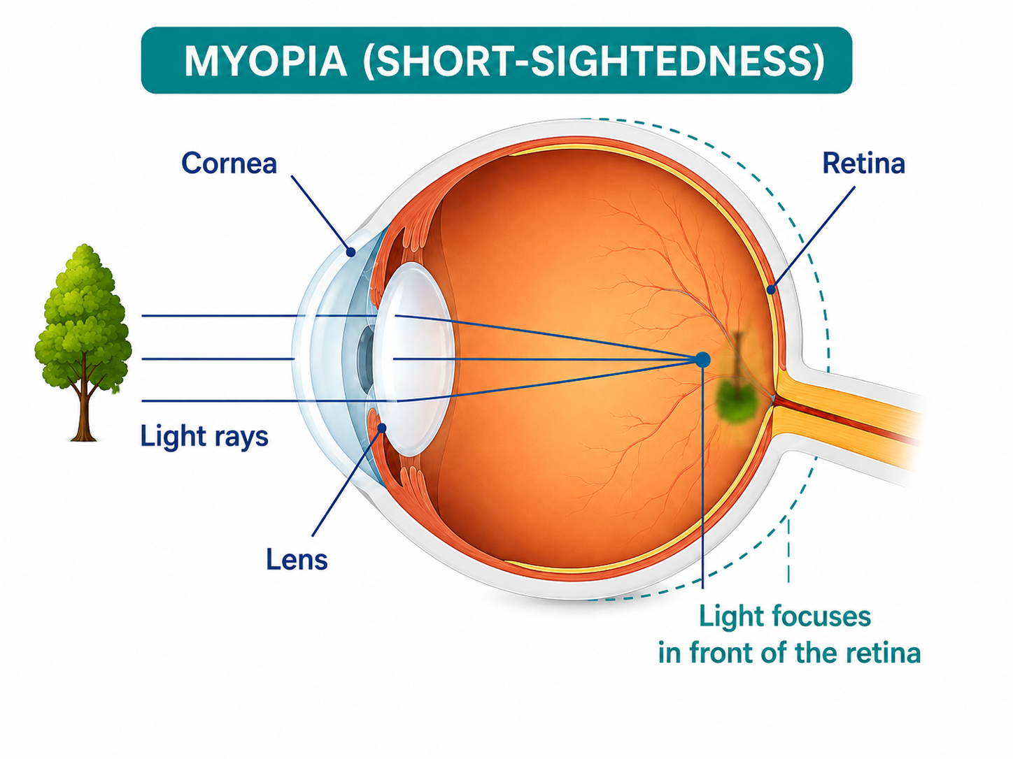 Illustration showing how an eye with myopia focuses light