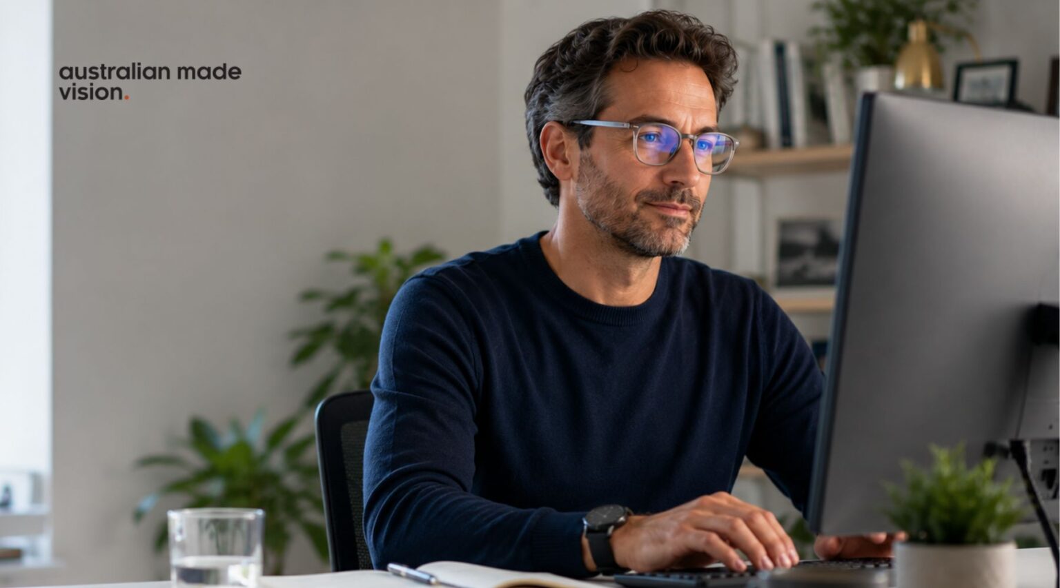 Man wearing blue light glasses while working at a desktop computer in a home office.