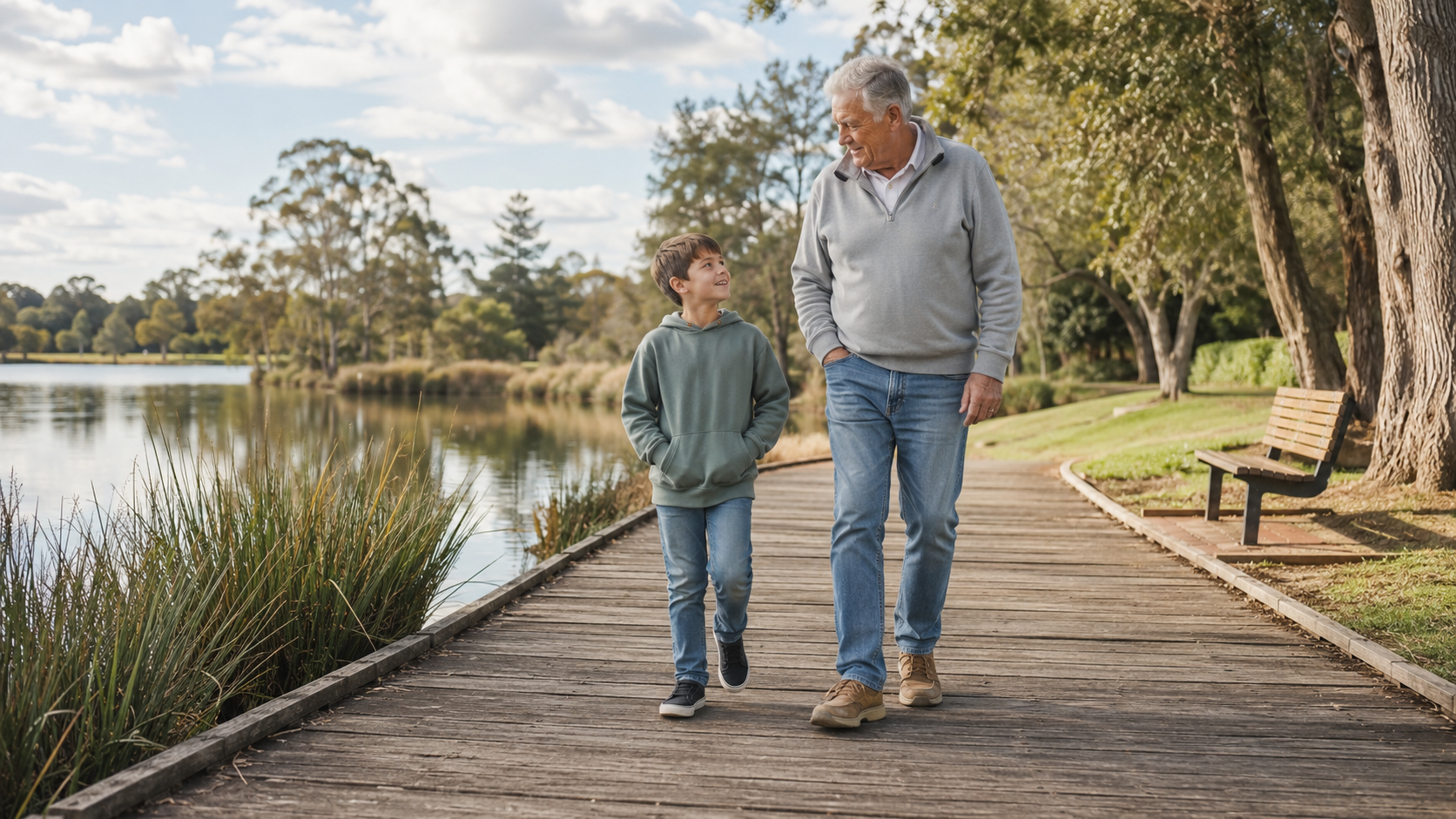 An older man and a child walking together beside a lake