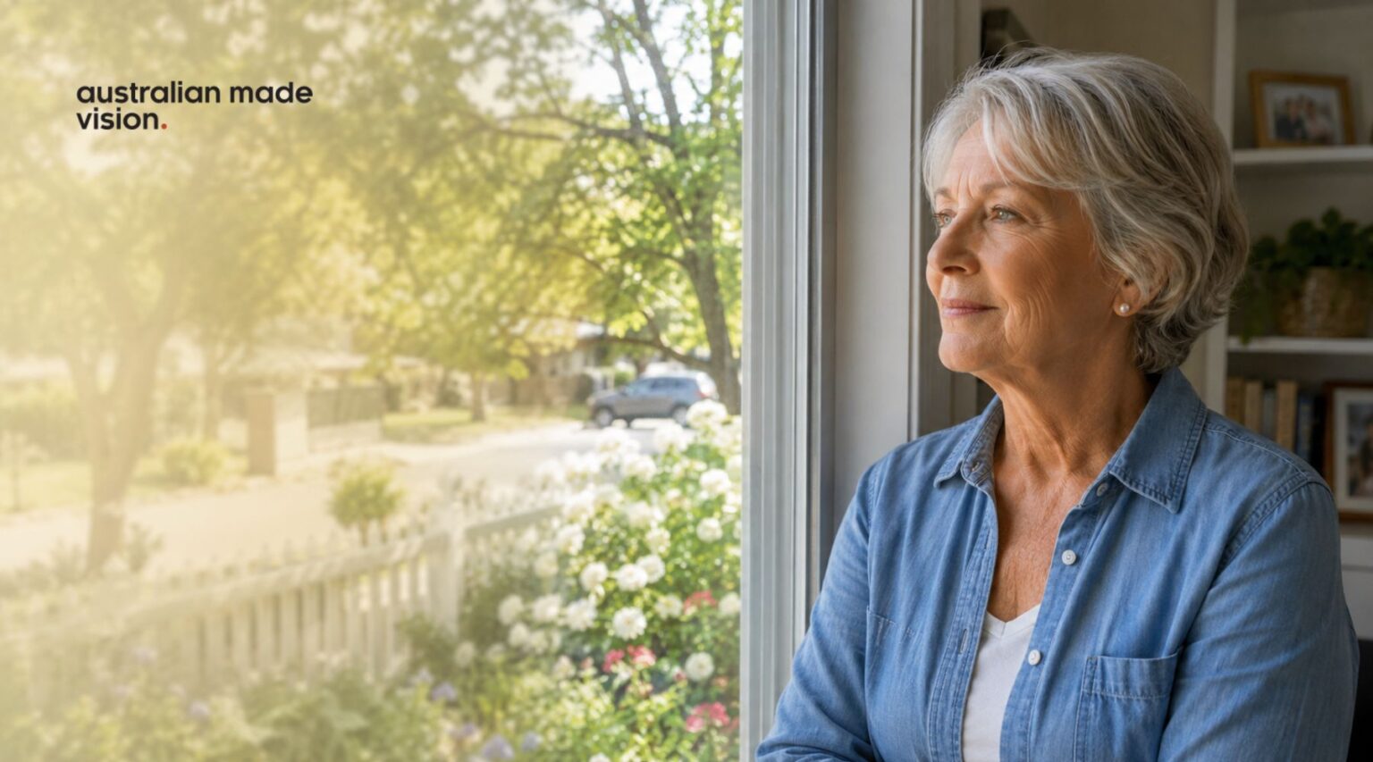 Older woman looking through a bright, hazy window, illustrating how cataract symptoms may affect vision in glare
