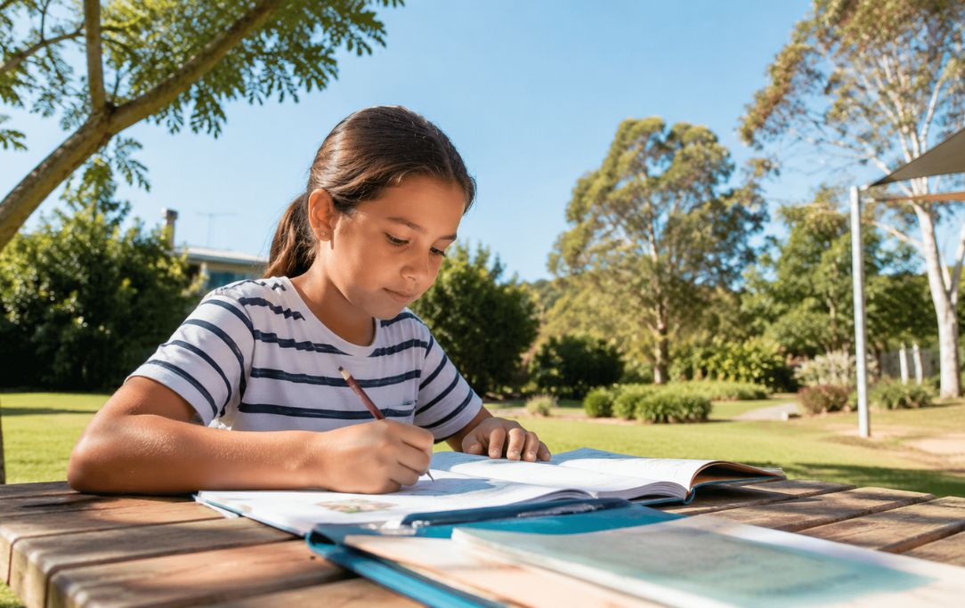 Child studying outdoors