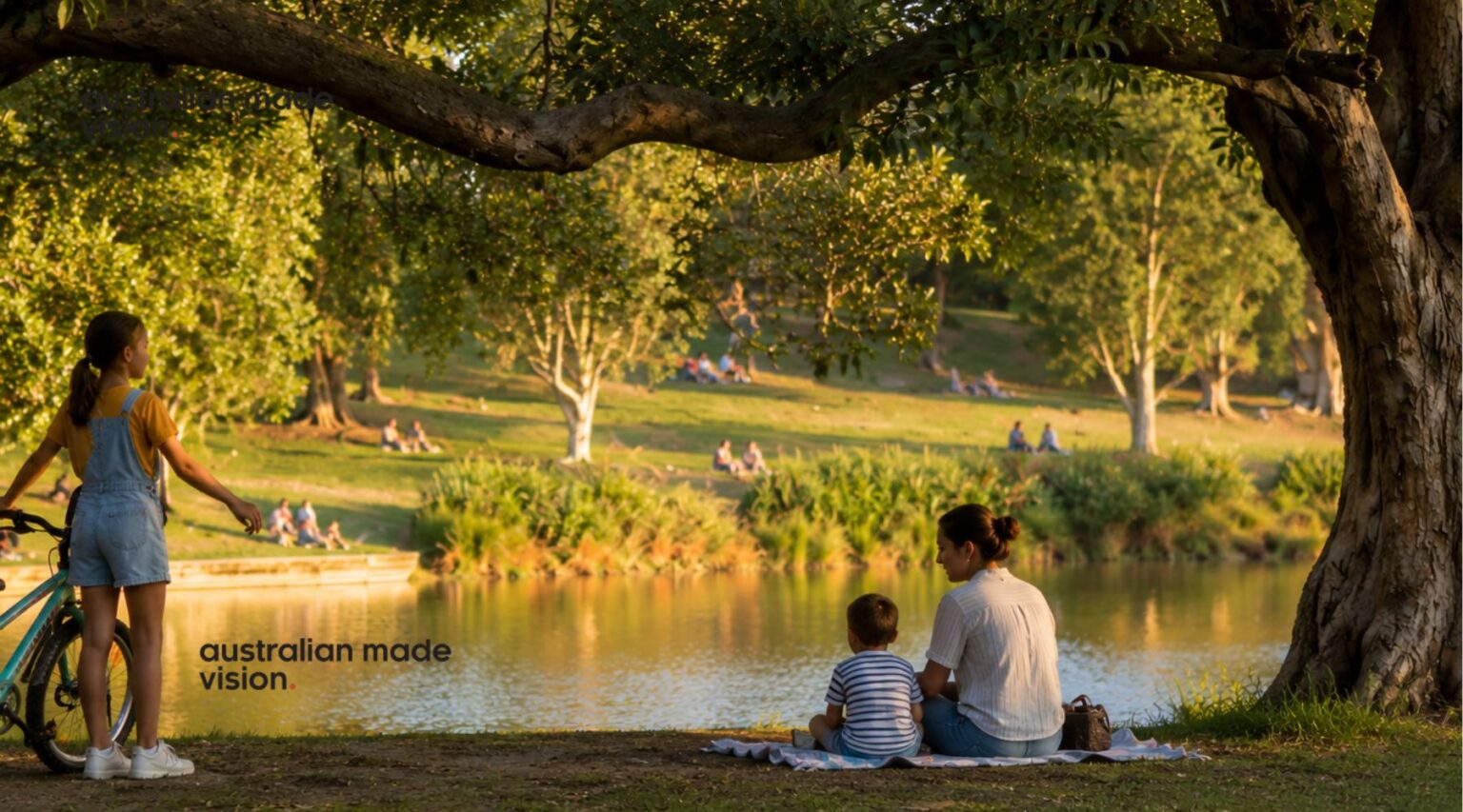 Children spending outdoor time in a park, with one riding a bicycle and another relaxing beside a lake with an adult