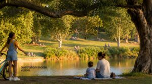 Children spending outdoor time in a park, with one riding a bicycle and another relaxing beside a lake with an adult