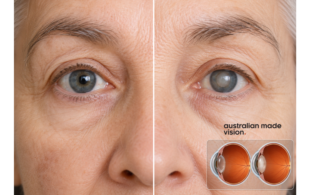 Comparison showing a clear eye lens and a cloudy lens affected by cataracts in an older adult