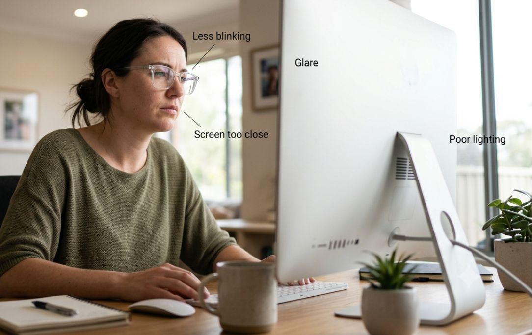 Illustration highlighting common causes of digital eye strain, including reduced blinking, prolonged near focus, screen glare, poor lighting, and a screen positioned too close.