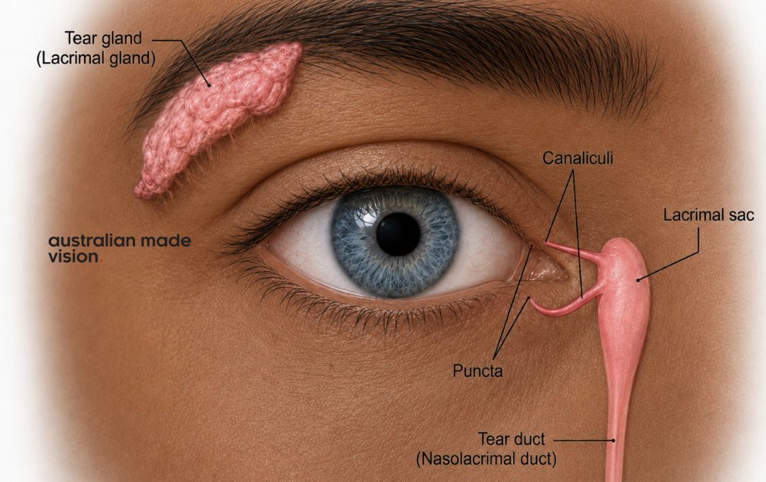 Diagram of the eye’s tear system showing the lacrimal gland, puncta, canaliculi, lacrimal sac and tear duct