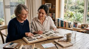 Older woman and her adult daughter looking through a family photo album together at home Short caption: Regular ey