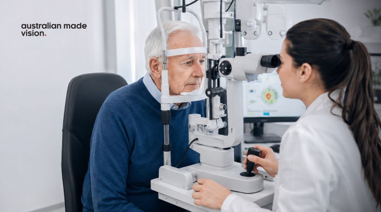 Optometrist examining an older patient with a slit lamp during a glaucoma eye assessment