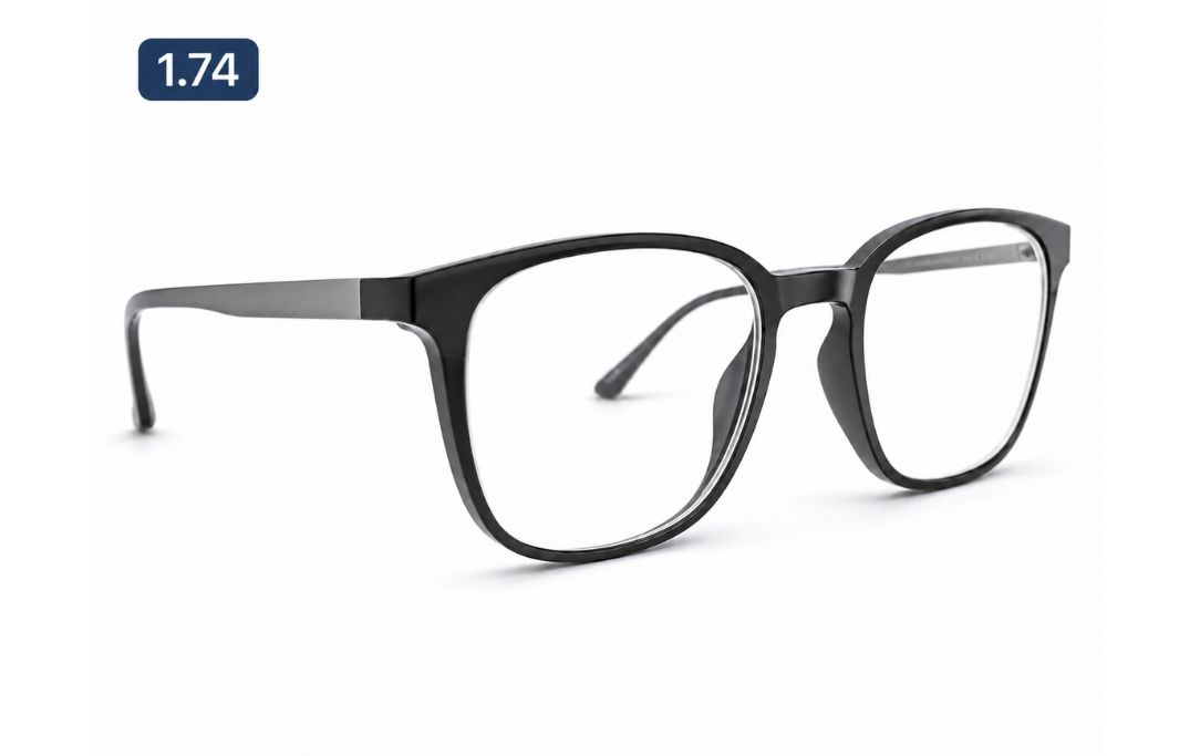 1.74 ultra-high-index lens profile shown in the same spectacle frame