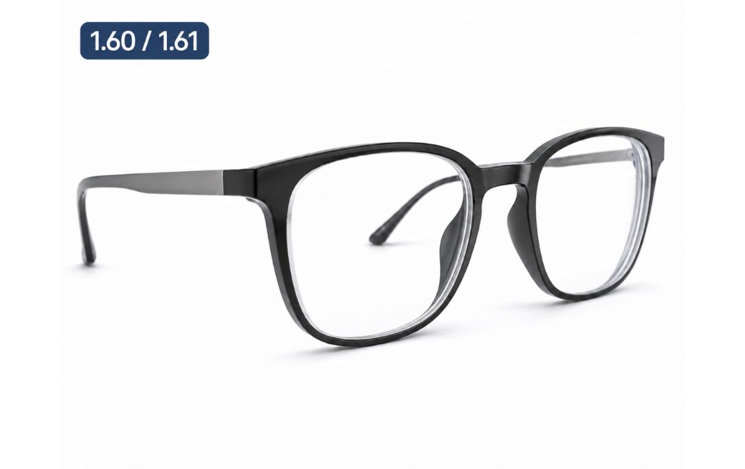 1.60 or 1.61 high-index lens profile shown in the same spectacle frame