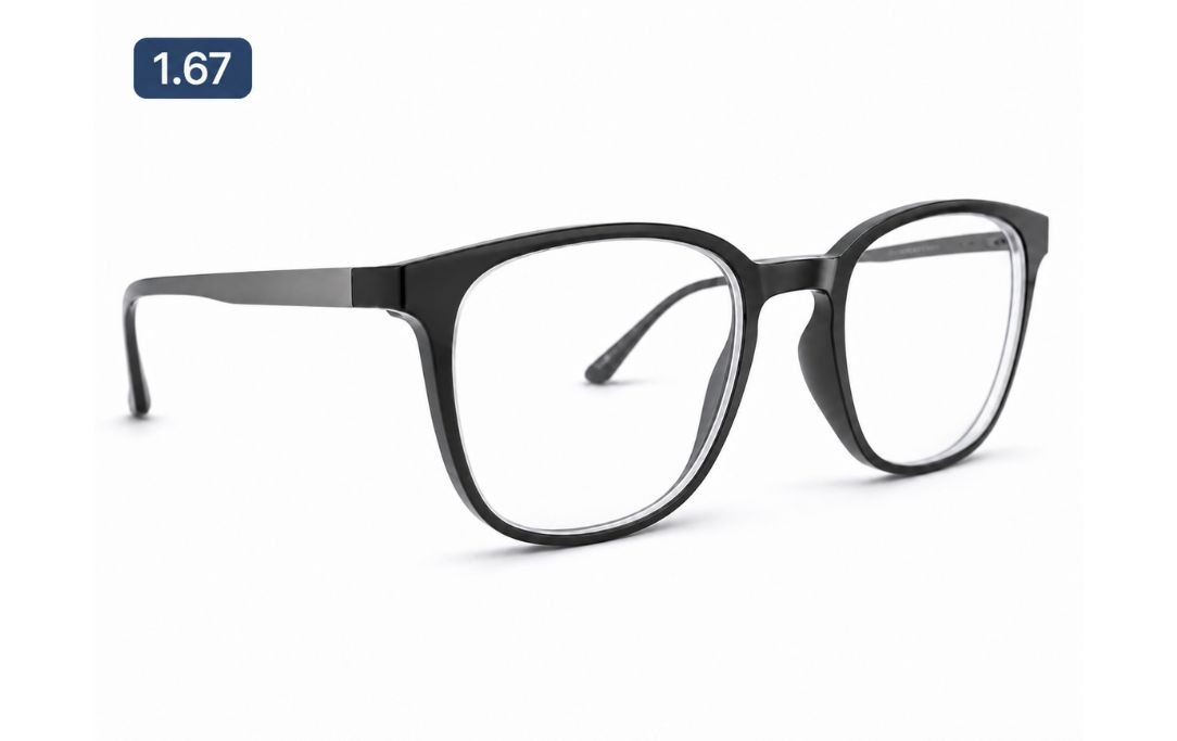 1.67 high-index lens profile shown in the same spectacle frame