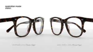 Comparison of standard and high-index prescription lenses showing the thinner edge profile of high-index lenses for stronger prescriptions.