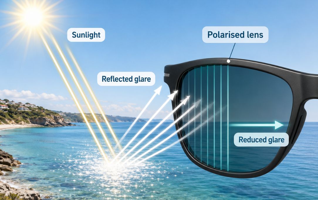 Diagram showing how polarised lenses filter reflected glare from sunlight over water while allowing more useful light to pass through.