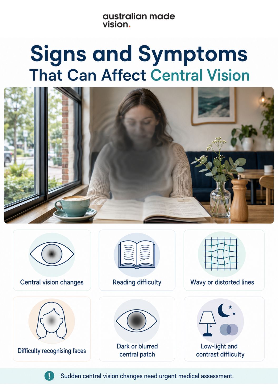 Infographic showing possible macular degeneration symptoms, including blurred central vision, reading difficulty, distorted lines, trouble recognising faces and reduced contrast