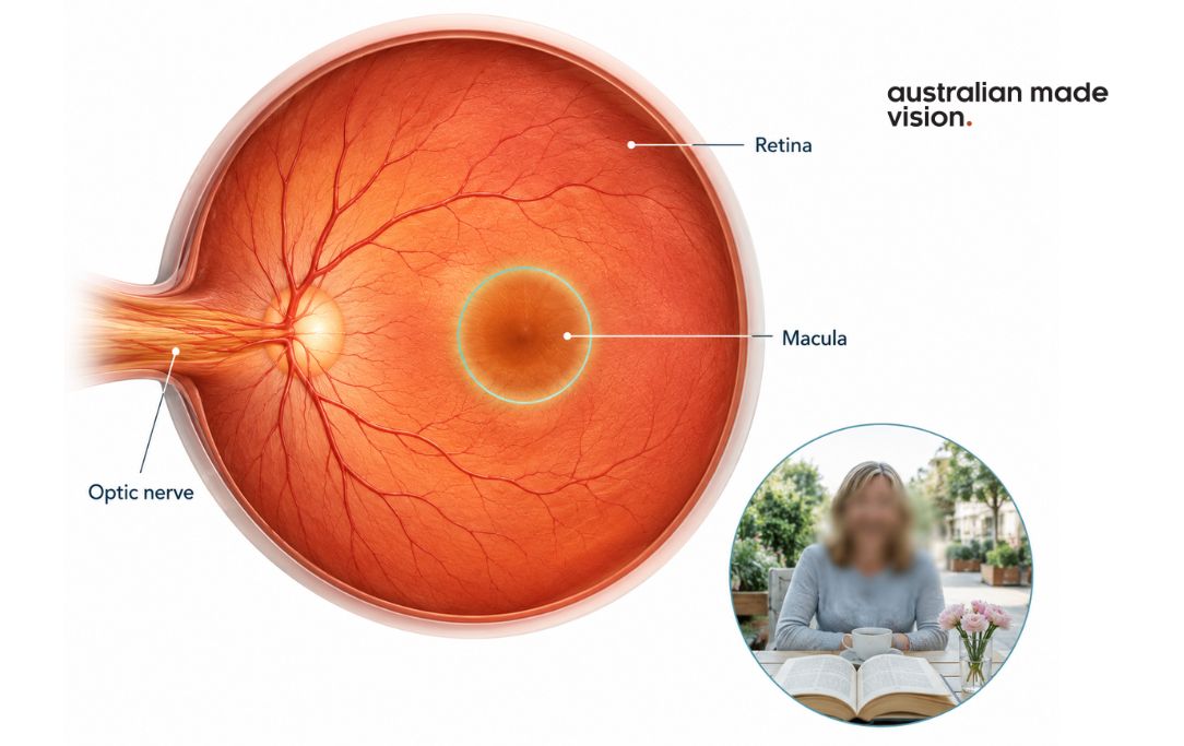 Diagram of the retina, macula and optic nerve showing blurred central vision associated with macular degeneration