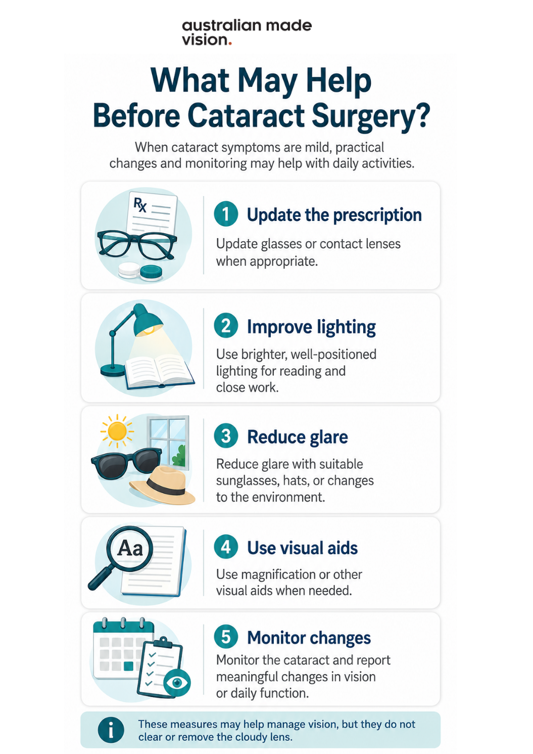 Infographic showing ways to manage mild cataract symptoms before surgery, including updated glasses, better lighting, glare reduction, visual aids and monitoring