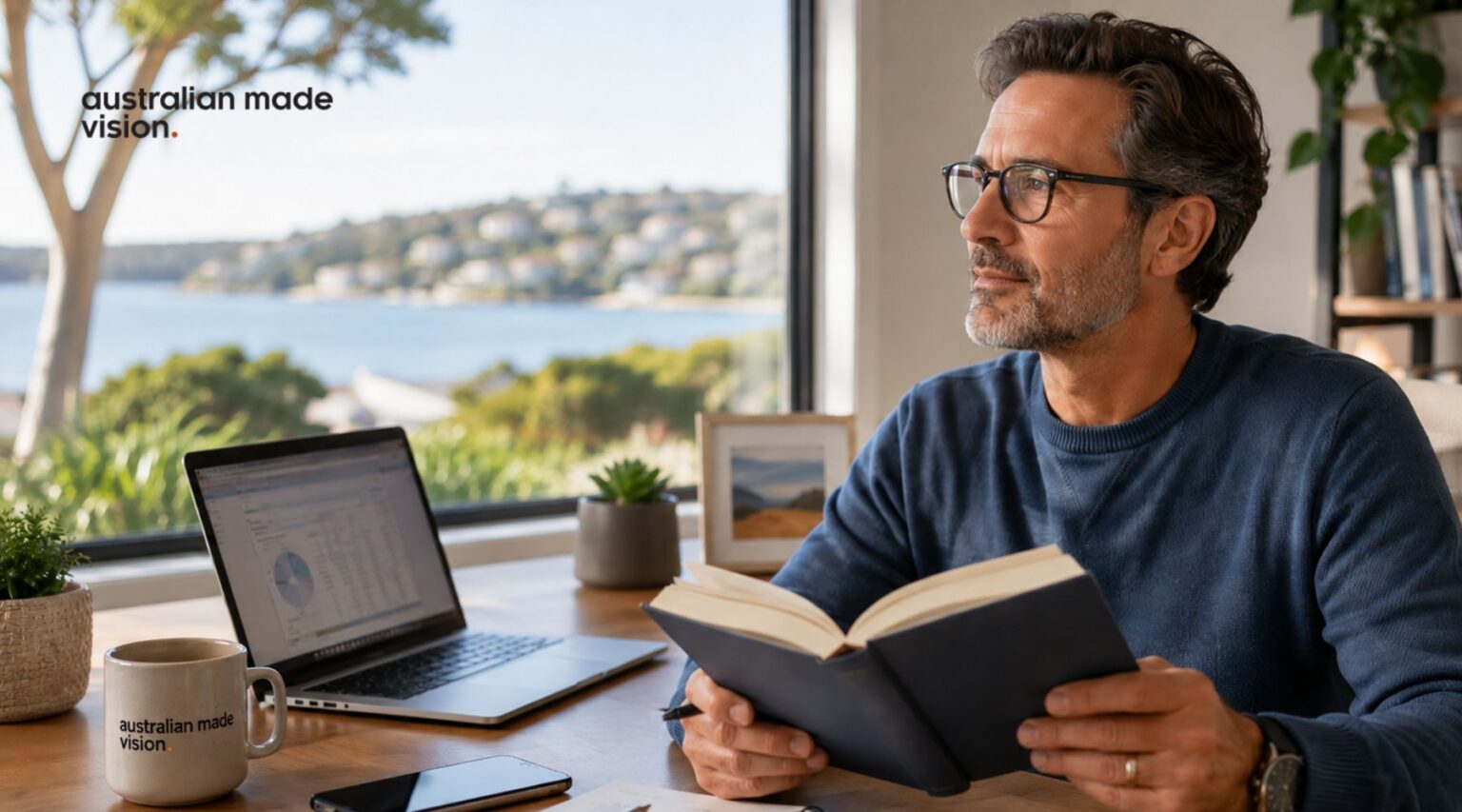 Middle-aged man wearing progressive glasses reading a book while looking between near and distance vision at home