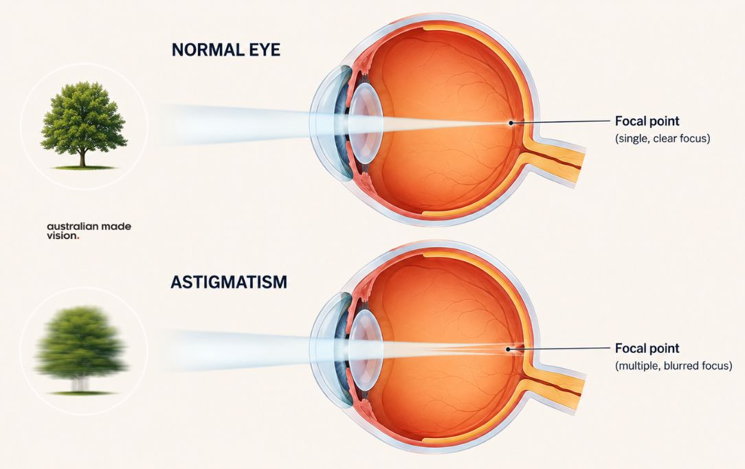Diagram comparing a normal eye with astigmatism, showing light focusing clearly versus unevenly and causing blurred vision