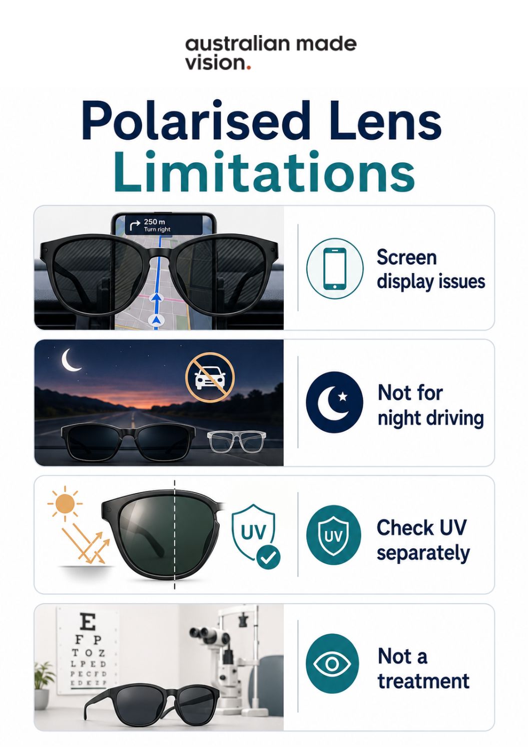 Infographic explaining the limitations of polarised lenses, including screen display issues, reduced suitability for night driving, the need to check UV protection separately, and that they do not treat eye conditions.