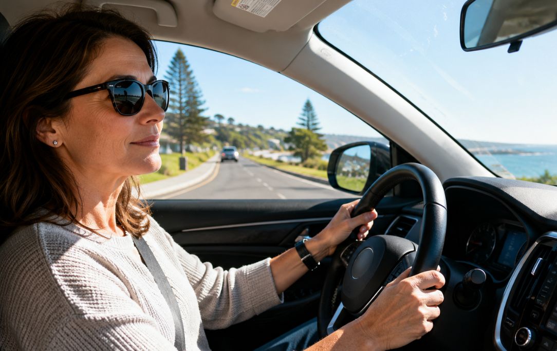 Bright outdoor driving scene showing where polarised sunglasses may help reduce reflected glare