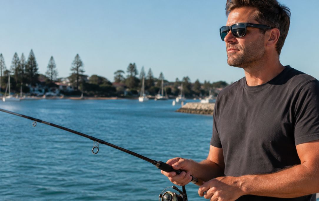 Person near water where polarised sunglasses may help reduce glare from reflective surfaces