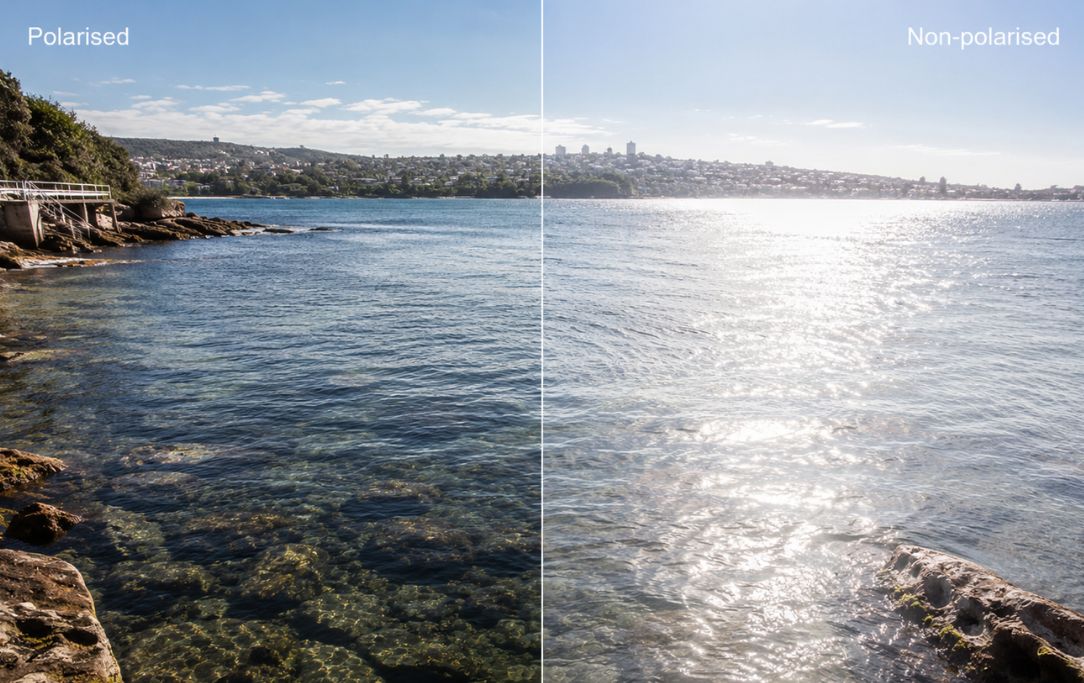Side-by-side comparison showing clearer water with polarised lenses and stronger reflected glare with non-polarised lenses.