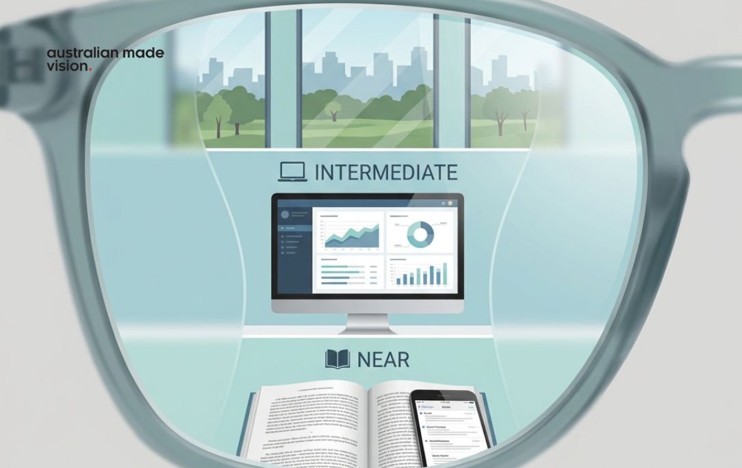 Progressive lens illustration showing how different parts of the lens provide clear distance, intermediate and near vision for everyday activities such as looking outside, using a computer and reading.