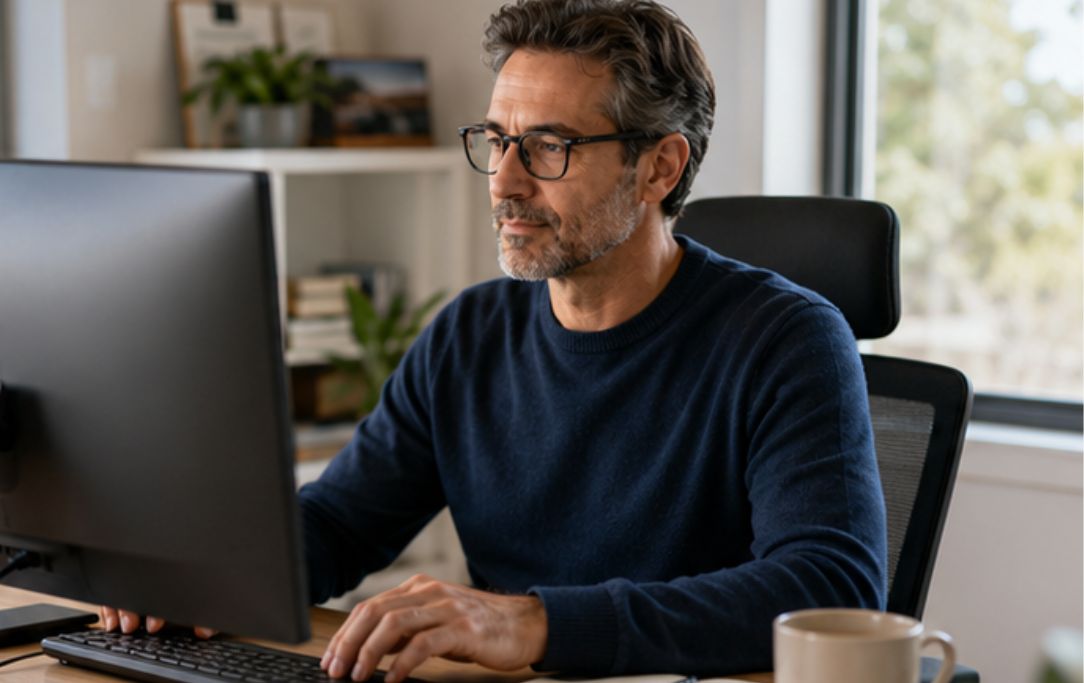 Person using progressive lenses for computer and desk work