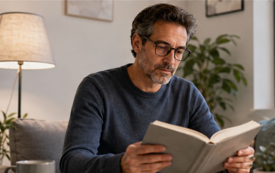 Person using progressive lenses for reading and near vision