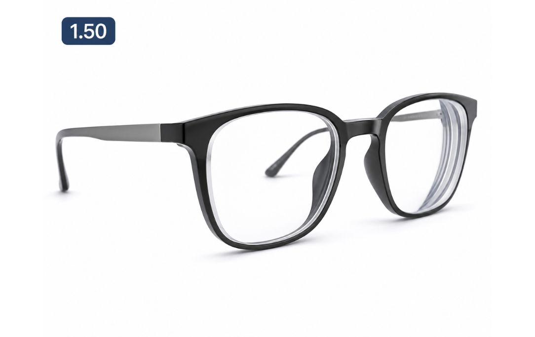 Standard 1.50 plastic lens profile shown in the same spectacle frame