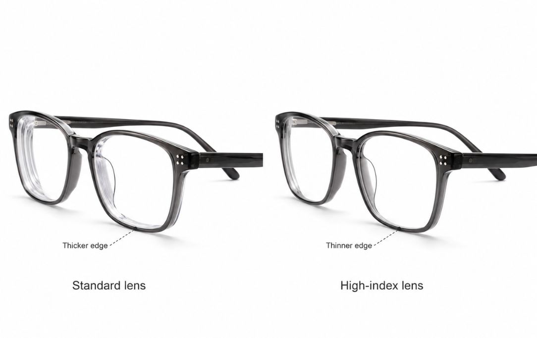 Comparison of standard and high-index lens edge thickness