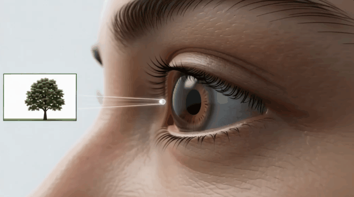 Animated myopia diagram showing light focusing in front of the retina