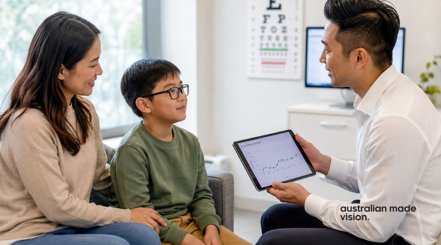 Optometrist discussing myopia monitoring and vision changes with a child wearing glasses and their parent.