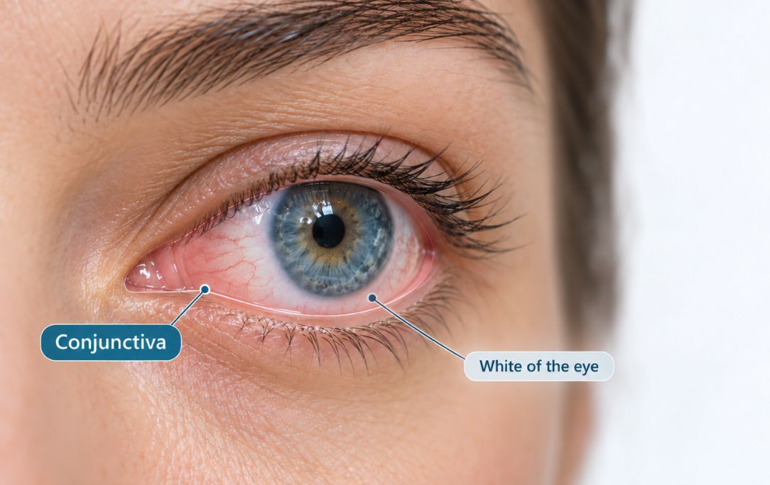 Close-up eye anatomy illustration showing the conjunctiva and white of the eye