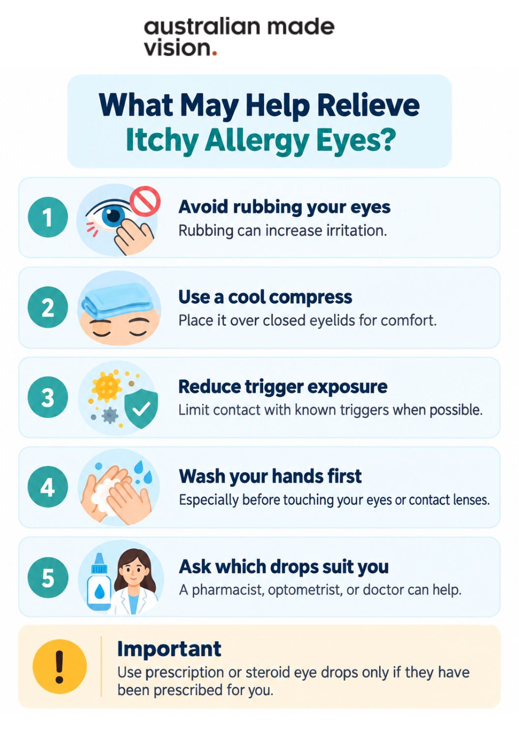 Infographic showing practical ways that may help relieve itchy allergy eyes